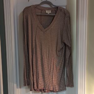 Red and Tan Striped V-Neck Long Sleeve Top